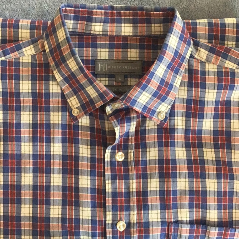 Hickey Freeman Sport Shirt Blue/Red Plaid, Size L